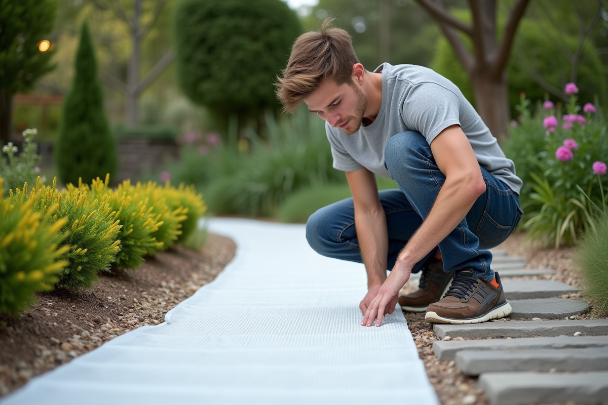Jeune homme posant toile géotextile dans jardin paysager