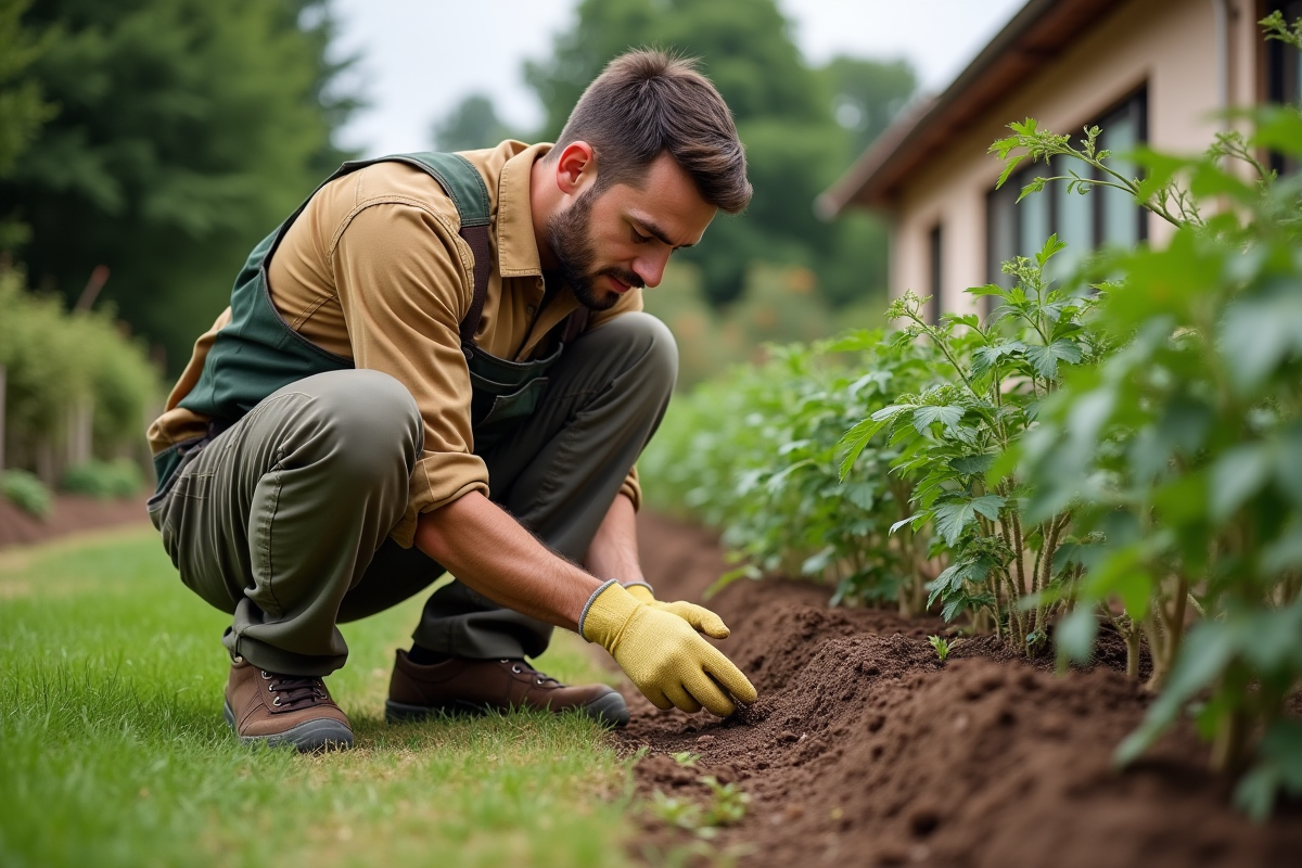 Jeune homme appliquant du fongicide aux tomates dans le jardin