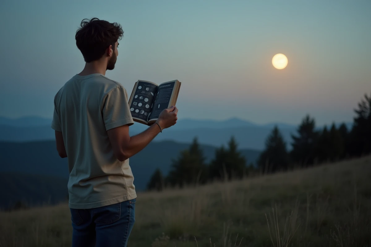 Jeune homme regardant guide lunar avec phases de lune en extérieur