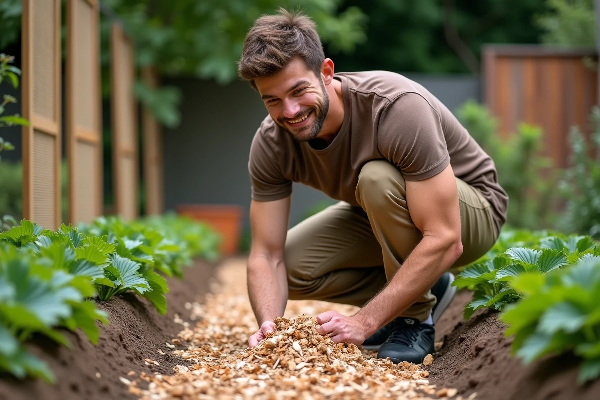 Jeune homme posant du bois de copeaux autour de fraisiers dans le jardin
