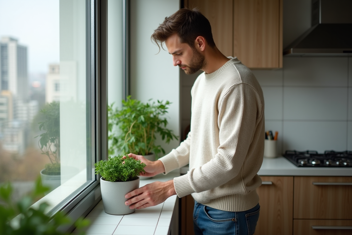 Jeune homme cultivant du persil sur une fenêtre d