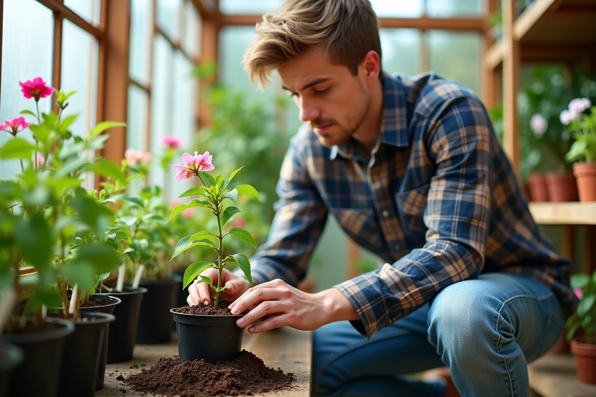Jeune homme plantant une bougainvillea en serre intérieure