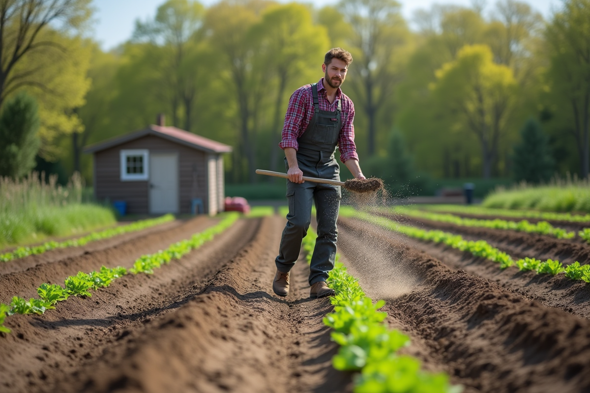 Jeune homme semant des graines dans le potager en plein air