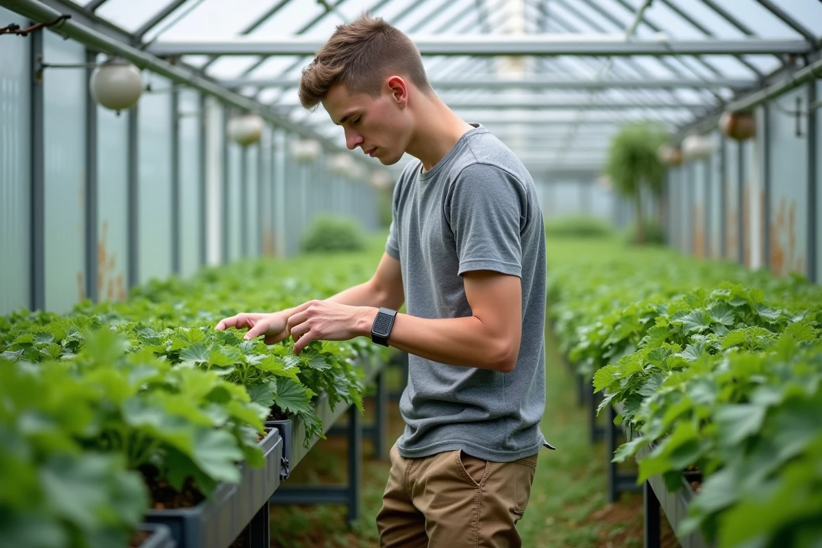 Jeune homme ajuste des vignes dans une serre moderne