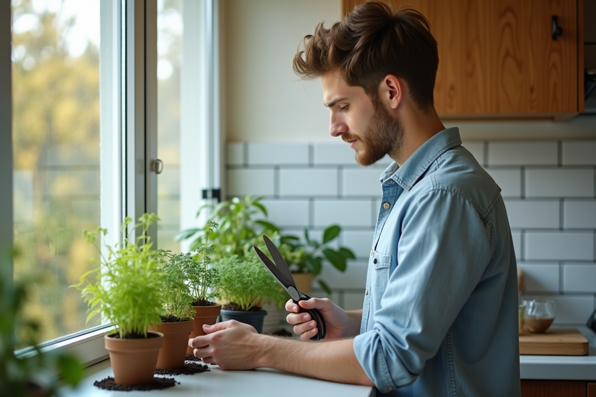 Jeune homme taillant des plantes dans une cuisine minimaliste