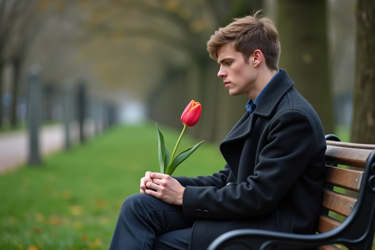 Jeune homme assis sur un banc tenant une tulipe dans un parc
