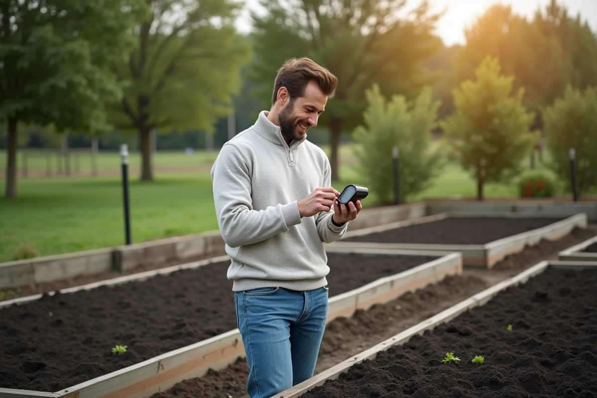 Jeune homme vérifiant la température du sol dans le jardin
