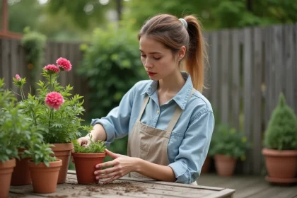 Jeune femme arrosant un lisianthus dans un jardin en terrasse
