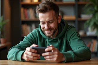 Homme concentré jouant au jeu du nain de jardin Google sur smartphone pour dépasser les 100 000 points
