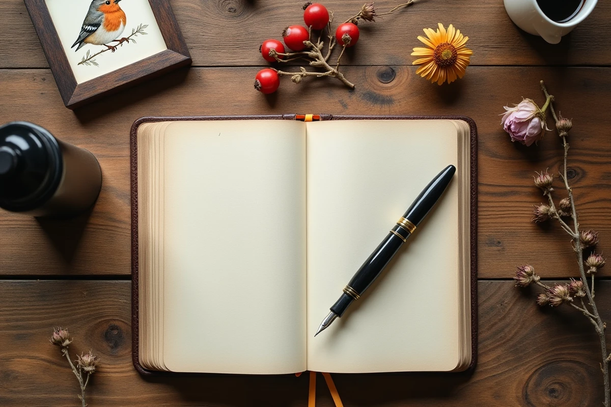 Journal intime ouvert sur un bureau en chêne avec stylo plume, illustration aquarelle d'un rouge-gorge et baies séchées, vue de dessus