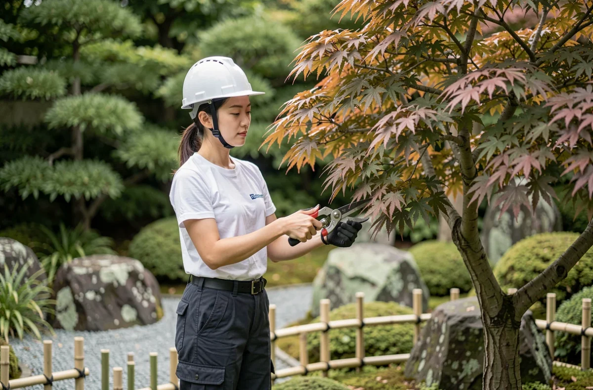 Arboriste de KAORI taillant soigneusement un érable japonais dans un jardin ornemental avec pierres décoratives et bambous en Haute-Garonne