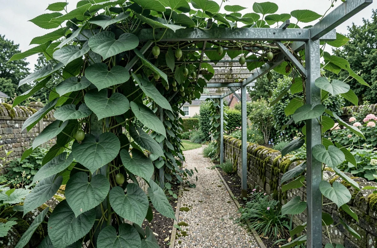 Pieds de kiwi mâle et femelle grimpant sur une pergola dans un jardin résidentiel