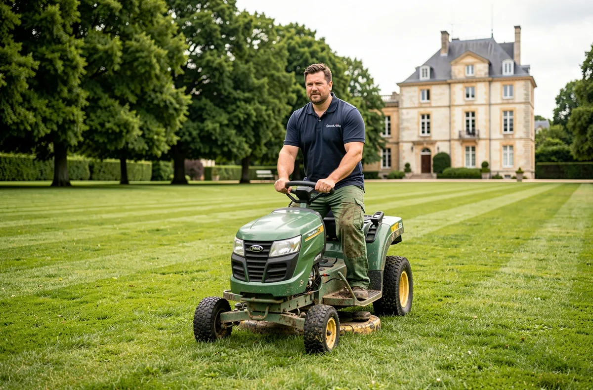 Professionnel de Lafleur Espaces Verts conduisant une tondeuse autoportée sur la pelouse d'un grand domaine avec manoir français en arrière-plan en Haute-Garonne