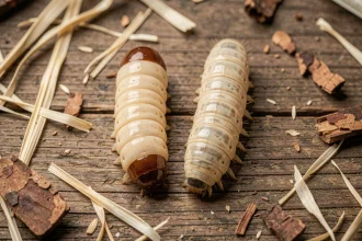 Comparaison côte à côte d'une larve de charançon rouge du palmier et d'une larve de papillon palmier sur une surface en bois, vue macro.