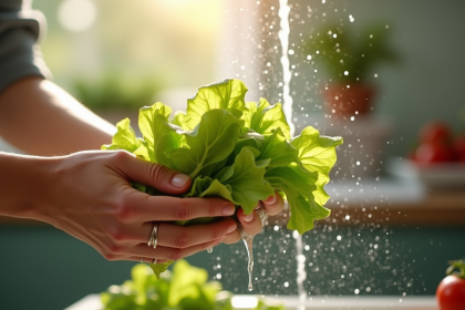 Les mains d'un jardinier lavant des feuilles de laitue fraîches dans la cuisine