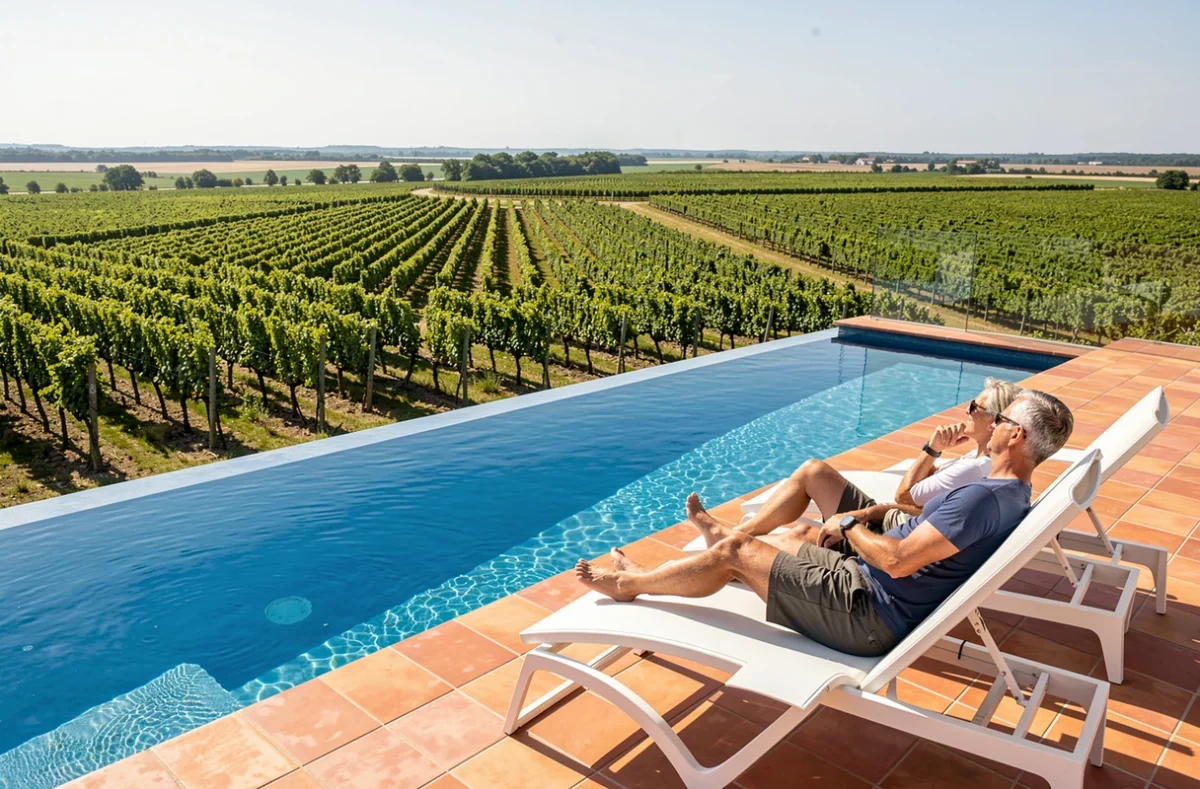 Piscine à débordement avec vue sur les vignobles réalisée par Les Horizons Bleus en Gironde
