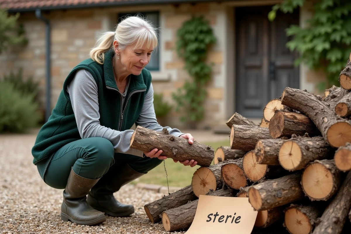Femme examinant une livraison de bois de chauffage en stère devant une ferme en pierre, avec étiquette indiquant le volume en stère
