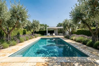 Vue d'ensemble d'une belle piscine résidentielle en Gironde avec jardin paysager et terrasse en pierre