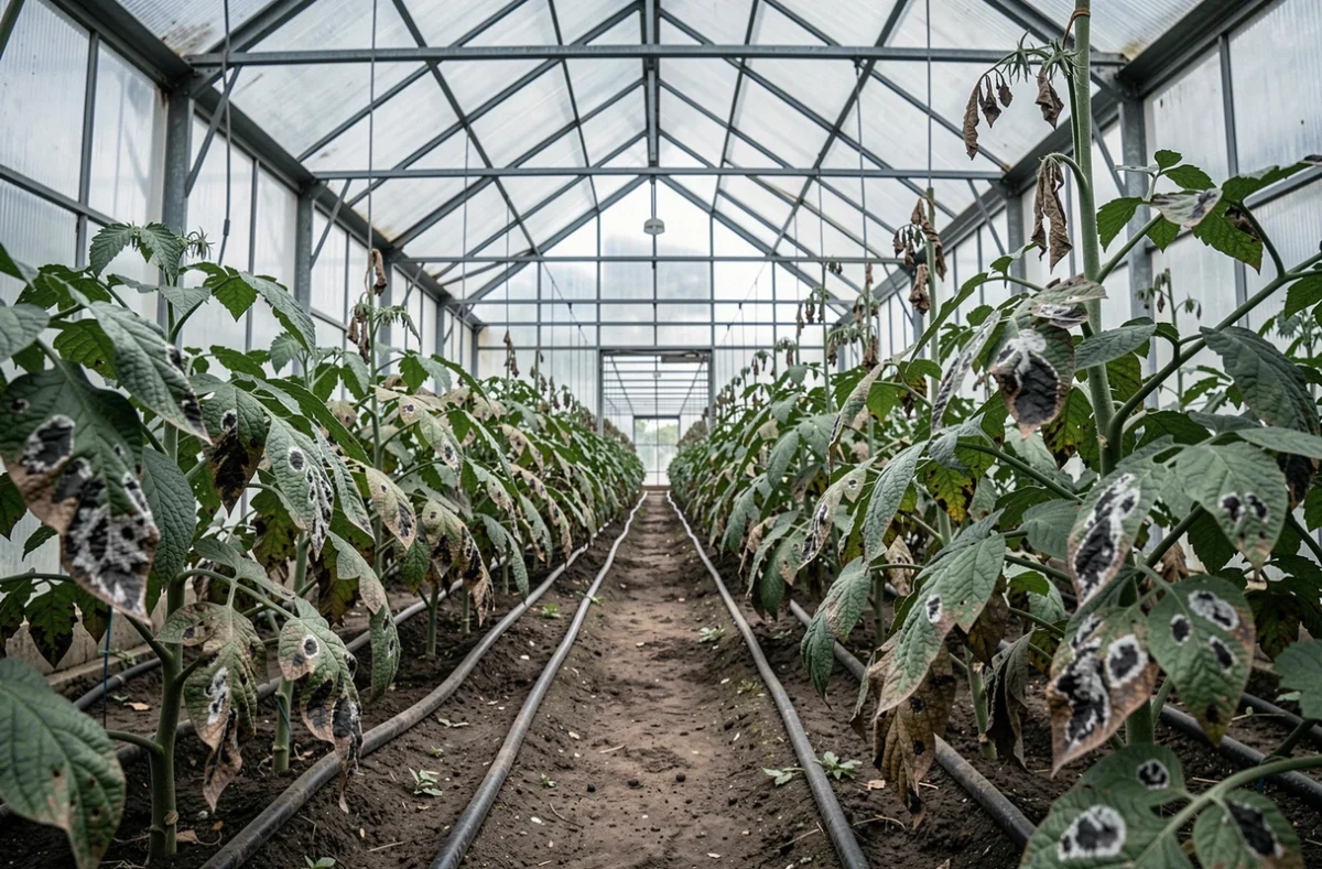 Vue d'ensemble dans une serre de plants de tomates touchés par le mildiou à différents stades d'infection
