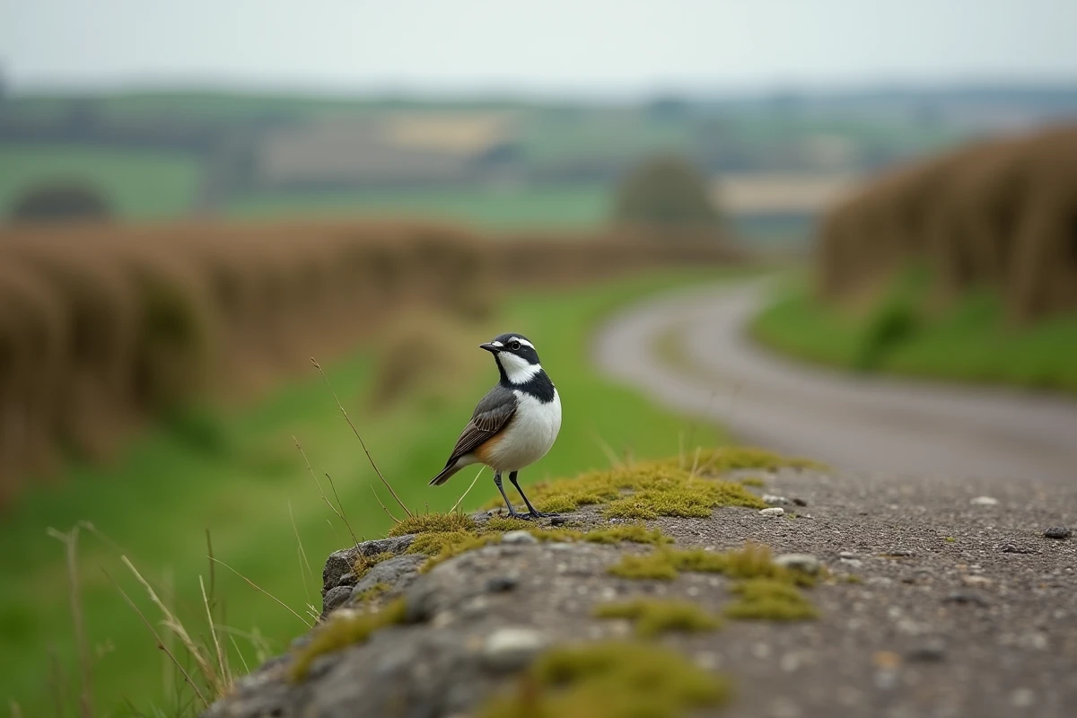 Mouette grise sur pierre dans un paysage rural avec champs et haies