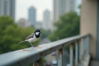 Mouette blanche perchée sur un balcon urbain avec ville en arrière-plan