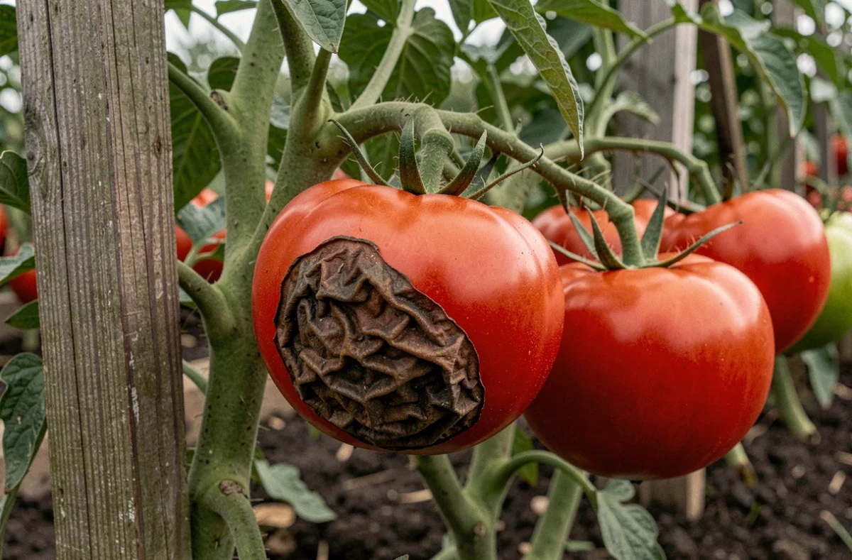 Tomate mûre atteinte de nécrose apicale avec tache sombre sur la base du fruit en plein jardin