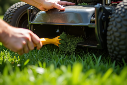 Personne nettoyant le dessous d'une tondeuse avec une brosse