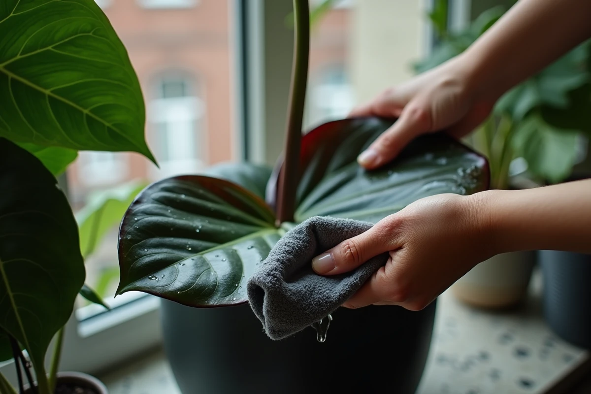 Mains essuyant délicatement une feuille de ficus elastica avec un chiffon humide, montrant l'entretien régulier du feuillage pour enlever la poussière