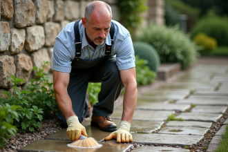 Homme en overalls nettoyant une pierre de jardin avec brosse