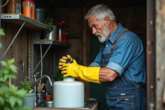 Homme en combinaison de travail rinçant un pulvérisateur de jardin avec des gants de protection dans un hangar rural
