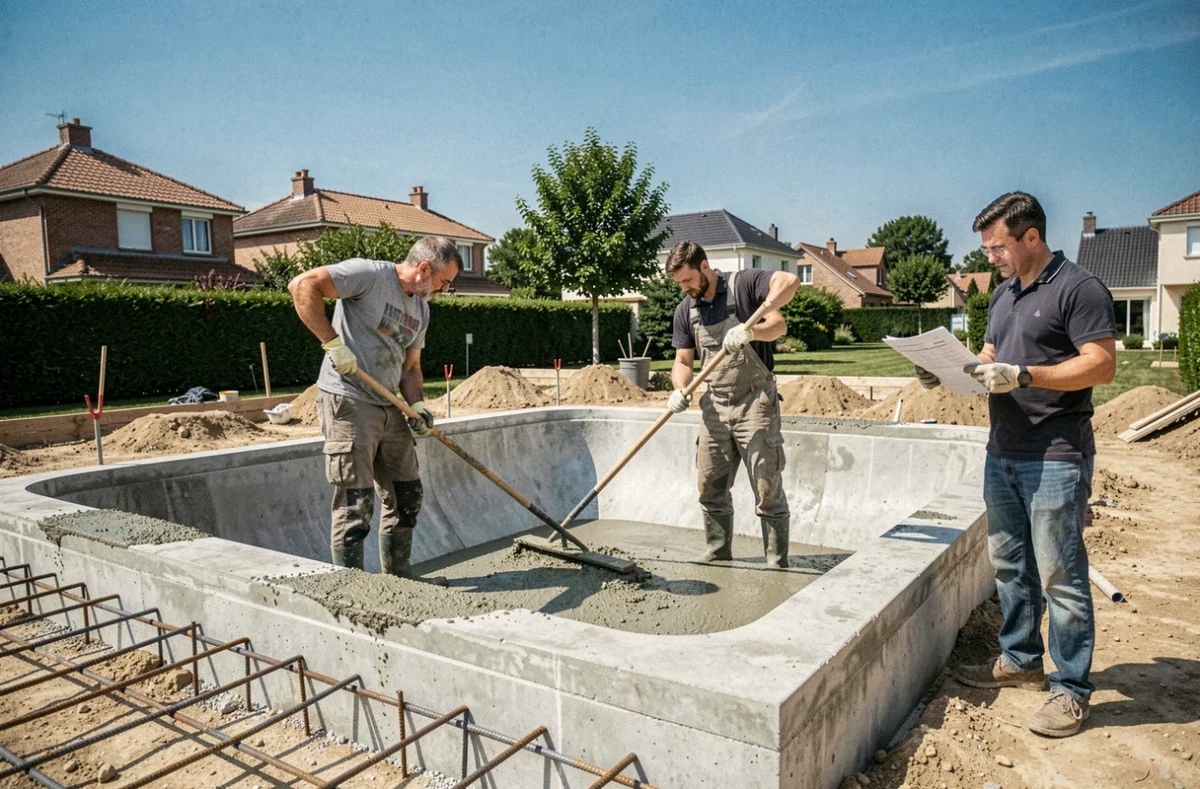 Équipe de NS Piscine Construction coulant le béton d'une piscine en cours de réalisation en Gironde