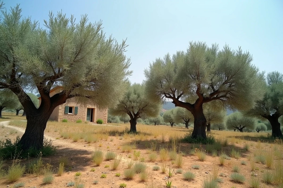 Oliveraie familiale un an après une taille sévère avec repousse dense des branches