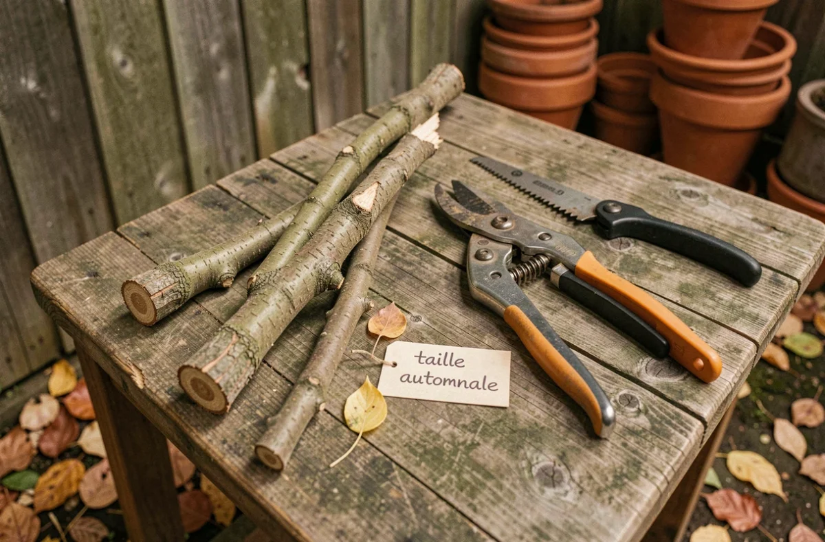 Outils d'élagage et rameaux coupés posés sur une table en bois dans un atelier de jardin en automne