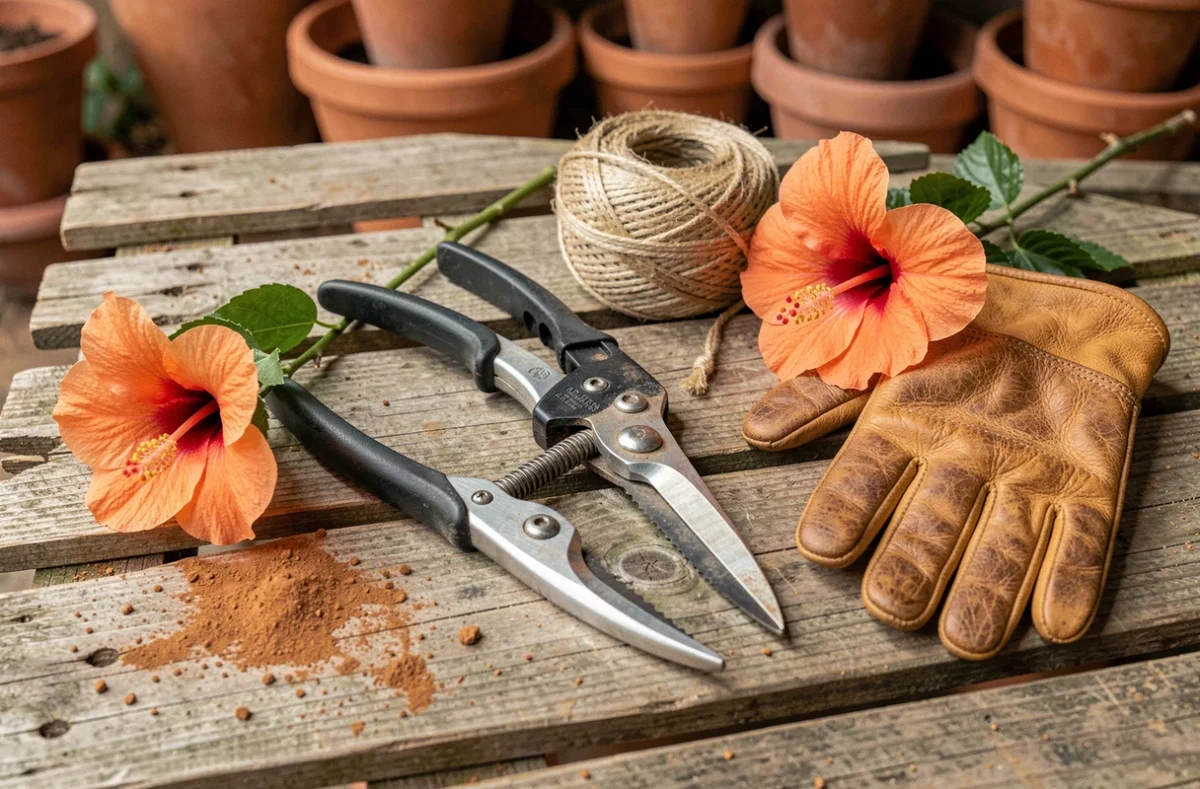 Outils de taille pour hibiscus disposés sur un établi en bois : sécateur, scie et gants de jardinage