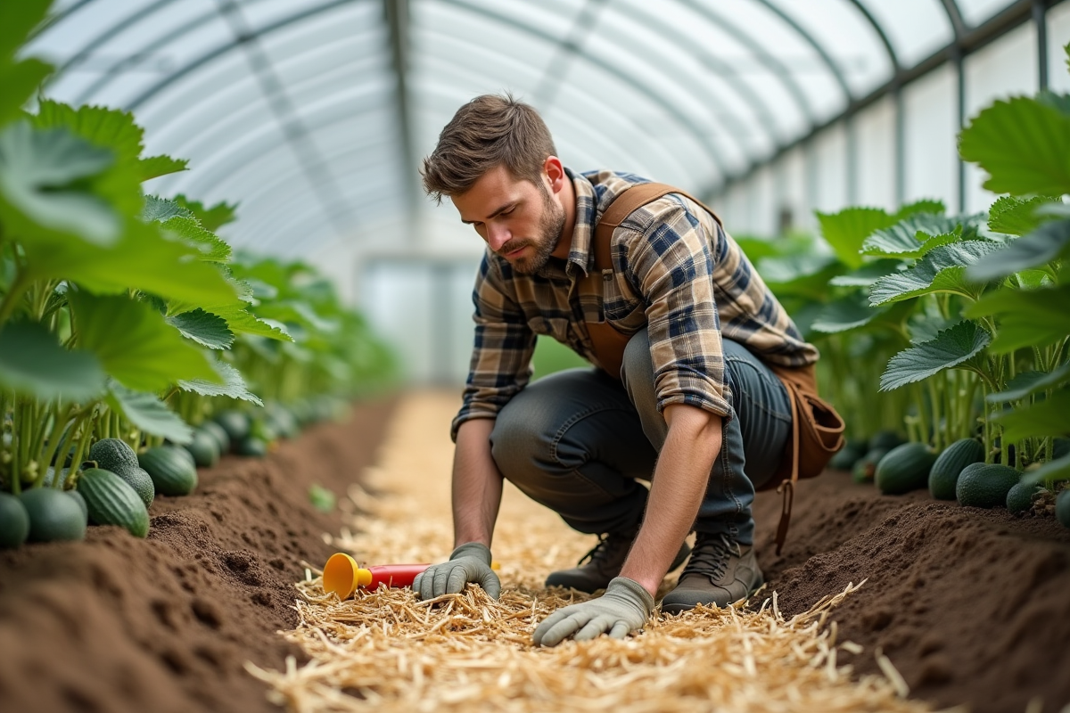 Homme étalant de la paille autour de plants de concombre