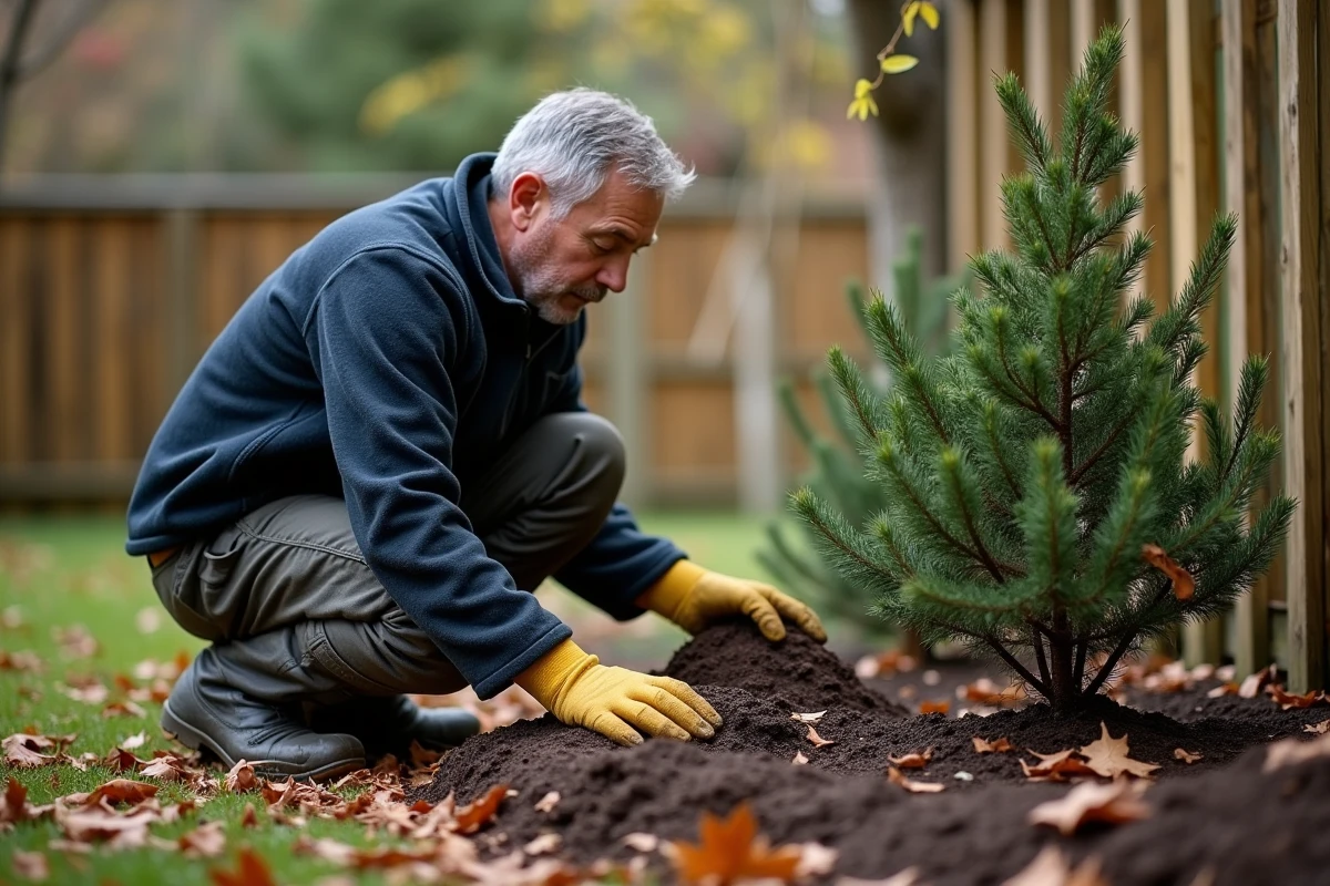 Homme appliquant du paillis de bark autour d'un jeune rhododendron planté dans un jardin au printemps