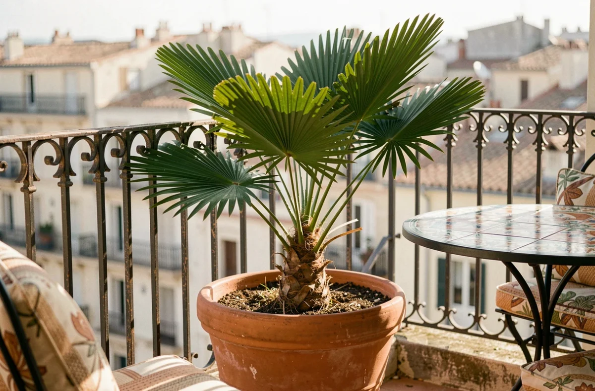 Jeune palmier de Chine en pot sur un balcon urbain avec vue sur la ville et ambiance provençale