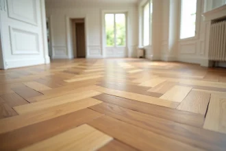 Parquet massif en chêne posé en chevrons dans un appartement parisien rénové, texture naturelle du bois visible en gros plan
