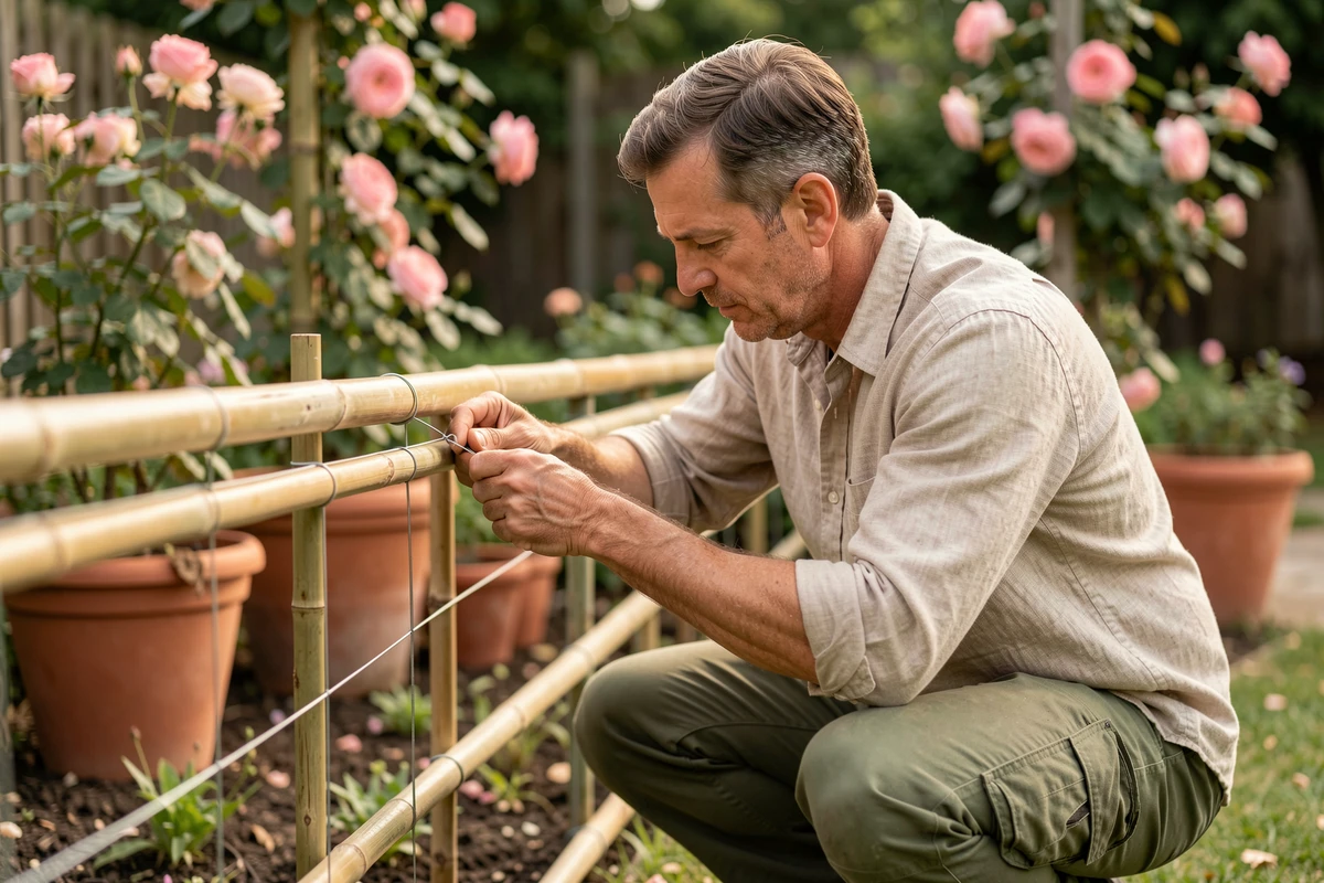 Paysagiste professionnel posant une clôture en bambou dans un jardin résidentiel avec outils et cordage