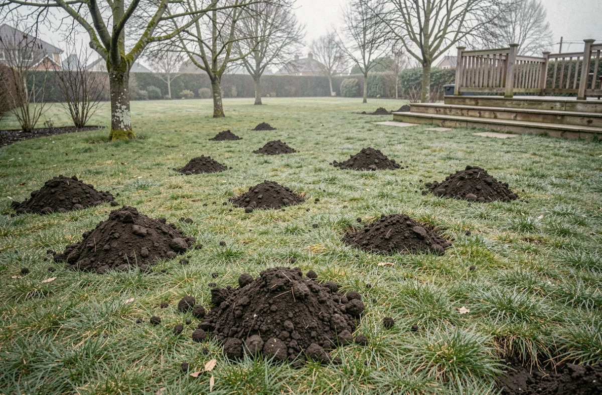 Pelouse de jardin envahie par de nombreuses taupinières en hiver