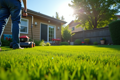 Pelouse bien entretenue dans un jardin suburbain ensoleille