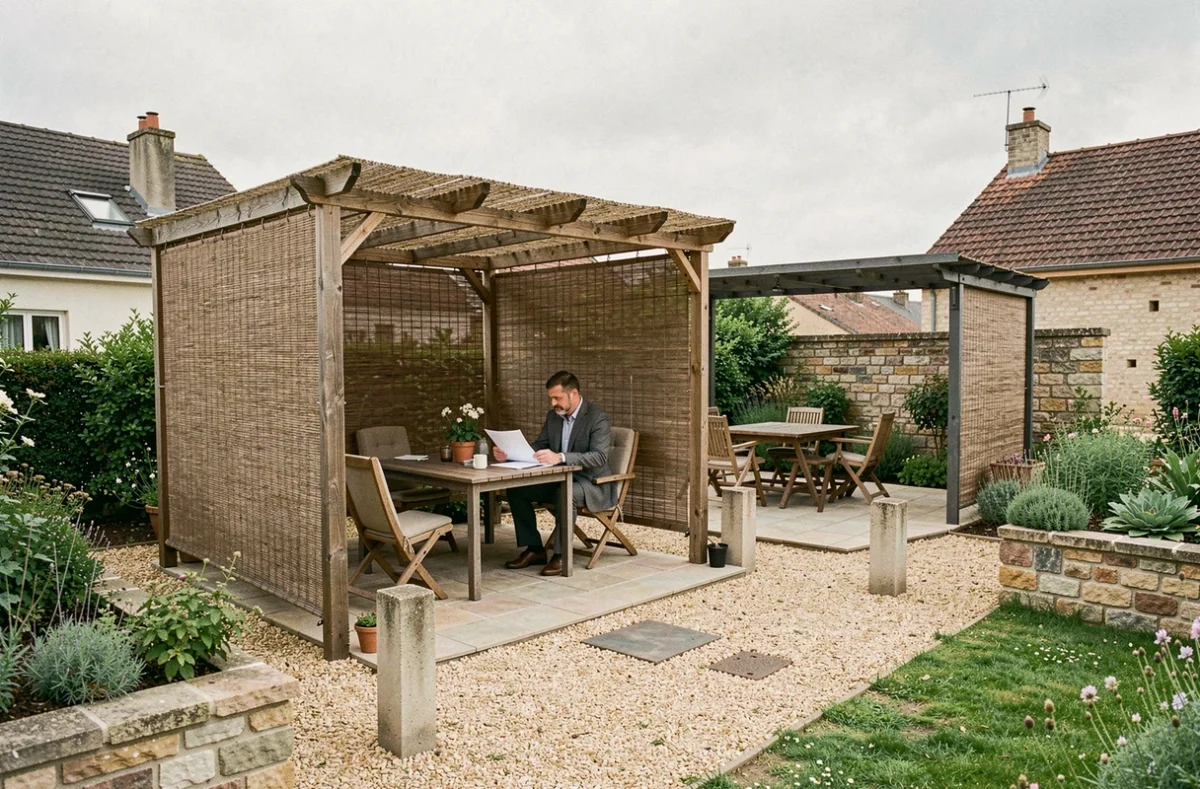 Homme consultant des documents administratifs sous une pergola avec canisse séparant deux jardins en lotissement