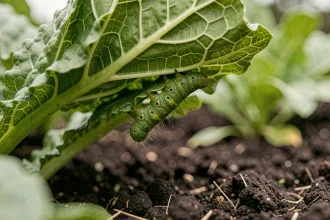 Petite chenille verte sur une feuille de chou dans un potager biologique, vue en macro
