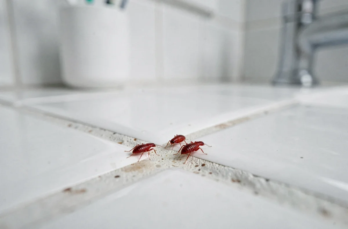 Petites bêtes rouges visibles dans les joints de carrelage d'une salle de bain