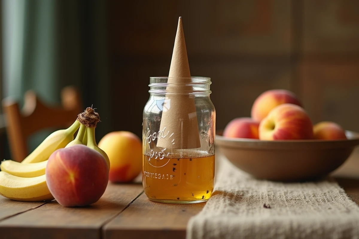 Piège à moucherons artisanal avec entonnoir en papier et vinaigre posé près d'un bol de fruits mûrs sur une table en bois