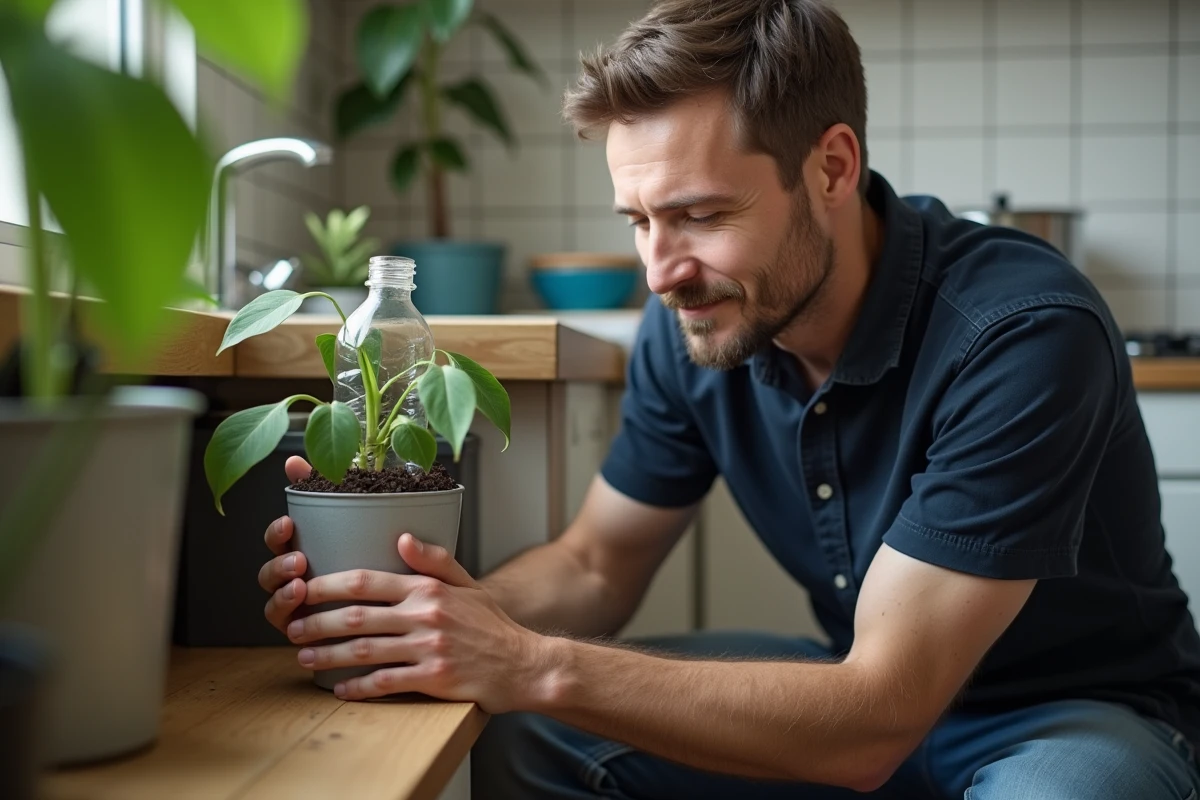 Homme plaçant un piège à moucherons fait maison avec une bouteille en plastique près d'une plante d'intérieur dans une cuisine d'appartement