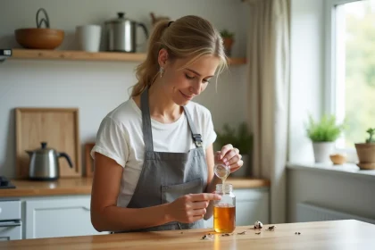Femme versant du vinaigre de cidre dans un bocal en verre pour fabriquer un piège à moucherons maison dans une cuisine moderne
