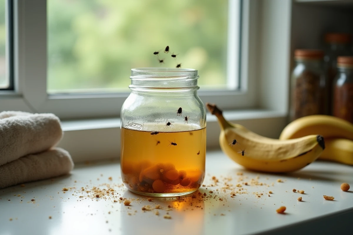 Piège à mouilles maison avec vinaigre de cidre posé sur un plan de travail de cuisine, entouré de drosophiles non capturées