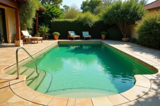 Piscine résidentielle avec eau verte due à une prolifération d'algues en été