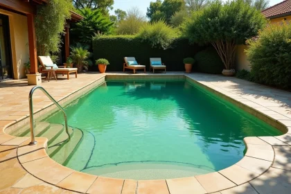 Piscine résidentielle avec eau verte due à une prolifération d'algues en été